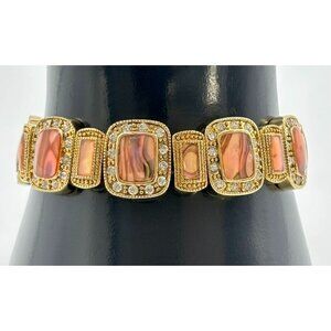Lia Sophia Peach/Pink Abalone Shell Rhinestone Stretch Bracelet Gold Tone 7 Inch